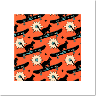 Cool Skater Black Cat Pattern in orange Posters and Art